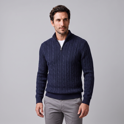 Herren-Pullover aus Baumwollstrick mit Zopfmuster und Reißverschlusskragen