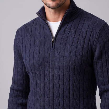Herren-Pullover aus Baumwollstrick mit Zopfmuster und Reißverschlusskragen