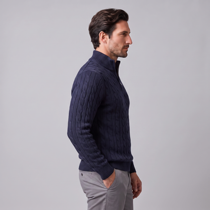 Herren-Pullover aus Baumwollstrick mit Zopfmuster und Reißverschlusskragen
