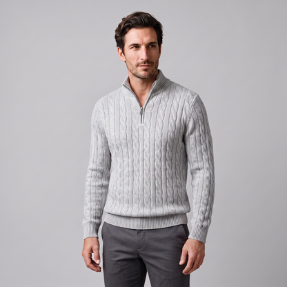 Herren-Pullover aus Baumwollstrick mit Zopfmuster und Reißverschlusskragen