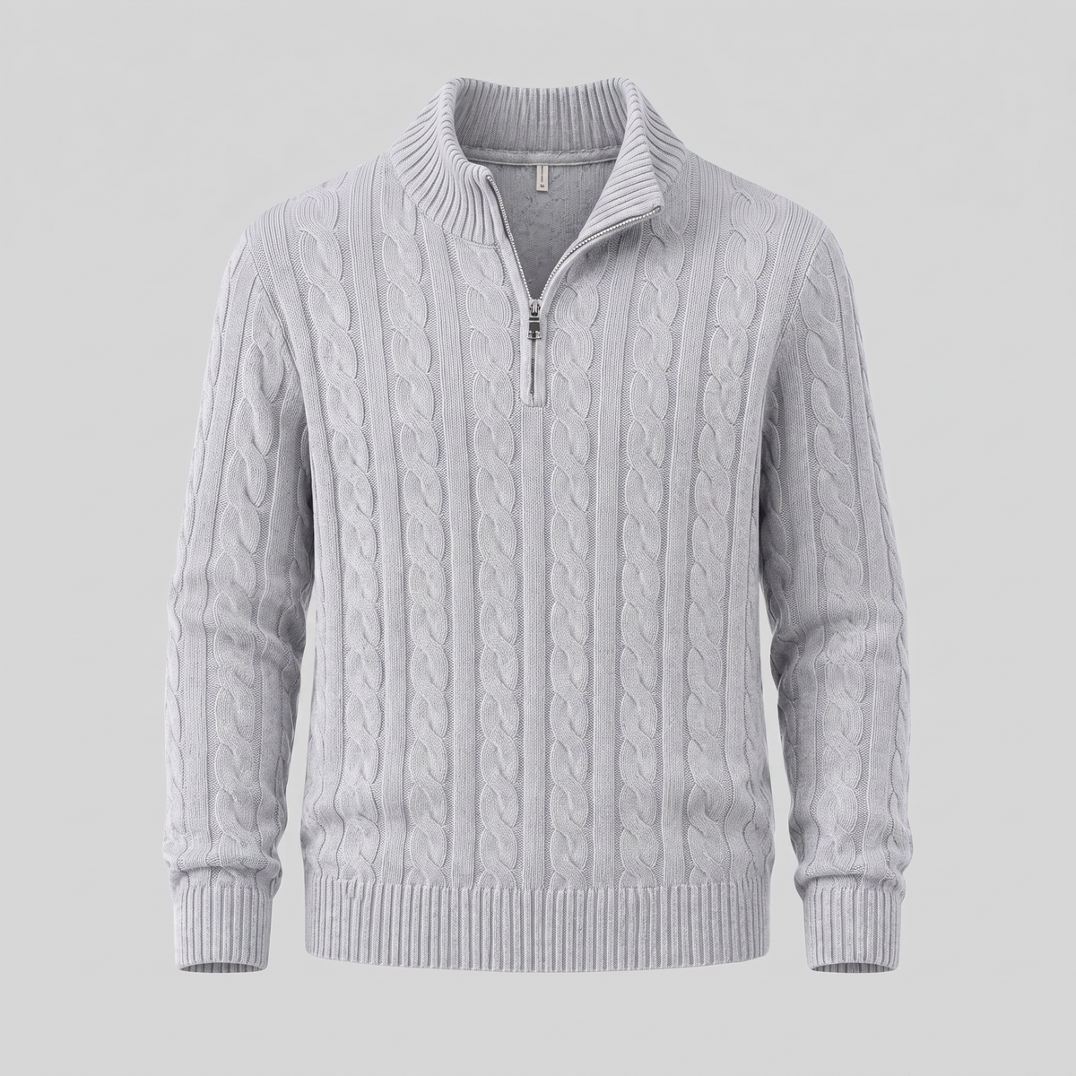 Herren-Pullover aus Baumwollstrick mit Zopfmuster und Reißverschlusskragen