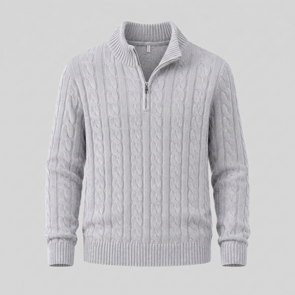 Herren-Pullover aus Baumwollstrick mit Zopfmuster und Reißverschlusskragen