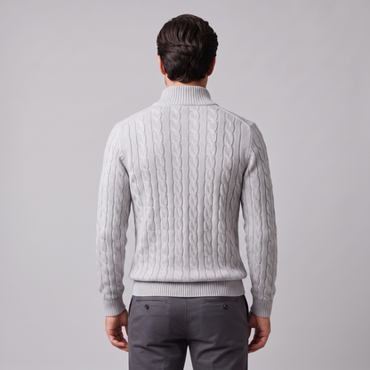 Herren-Pullover aus Baumwollstrick mit Zopfmuster und Reißverschlusskragen