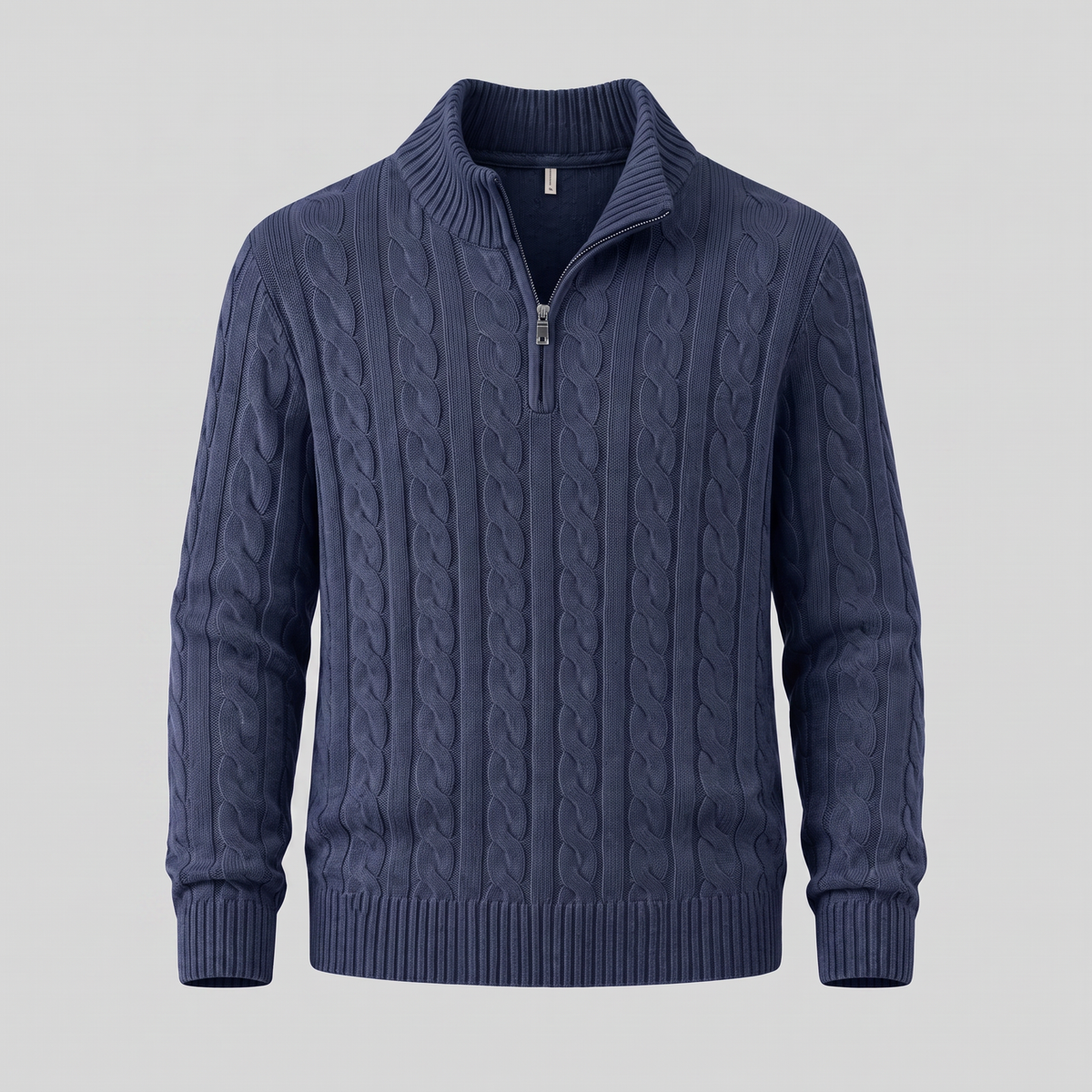 Herren-Pullover aus Baumwollstrick mit Zopfmuster und Reißverschlusskragen