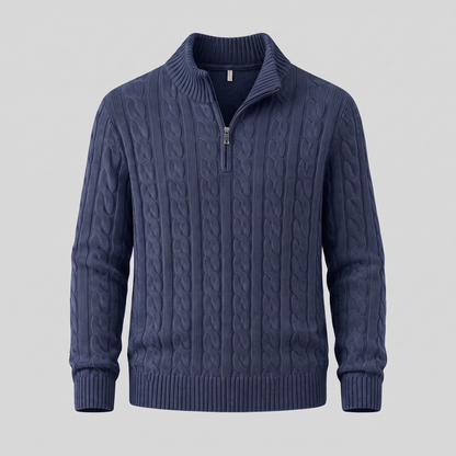 Herren-Pullover aus Baumwollstrick mit Zopfmuster und Reißverschlusskragen