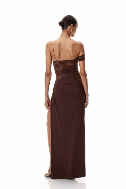 Robe Maxi Luna Muse – Dentelle et Jupe Drapée avec Fente