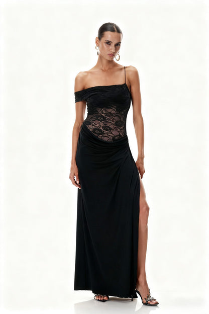 Robe Maxi Luna Muse – Dentelle et Jupe Drapée avec Fente