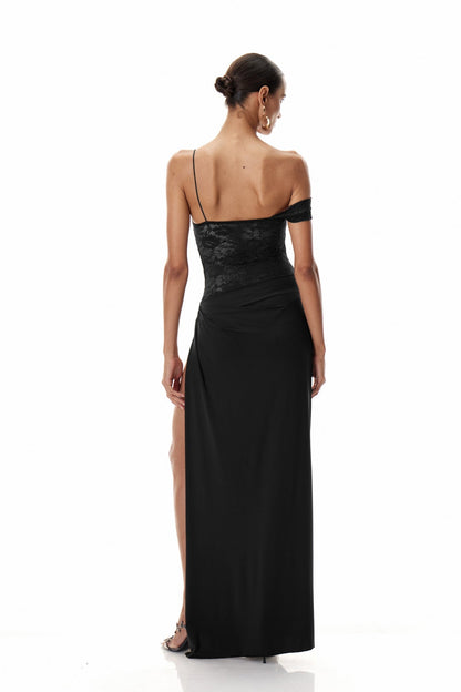 Robe Maxi Luna Muse – Dentelle et Jupe Drapée avec Fente