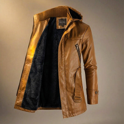 Urbanes Herren-Lederjacken-Modell mit Kapuze und Fleece-Futter