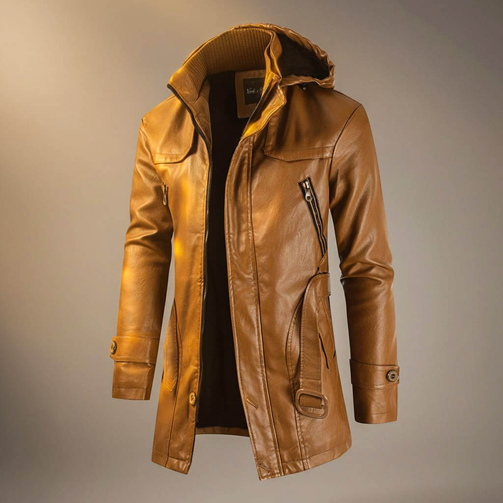 Urbanes Herren-Lederjacken-Modell mit Kapuze und Fleece-Futter