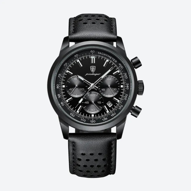 Herrenuhr mit Chronograph, Lederarmband und Tachymeter