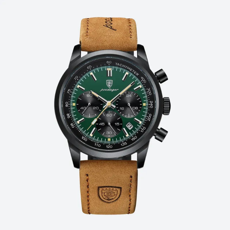 Herrenuhr mit Chronograph, Lederarmband und Tachymeter