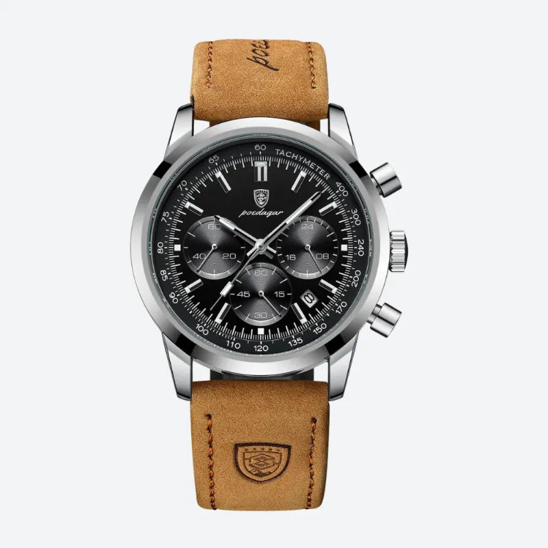 Herrenuhr mit Chronograph, Lederarmband und Tachymeter