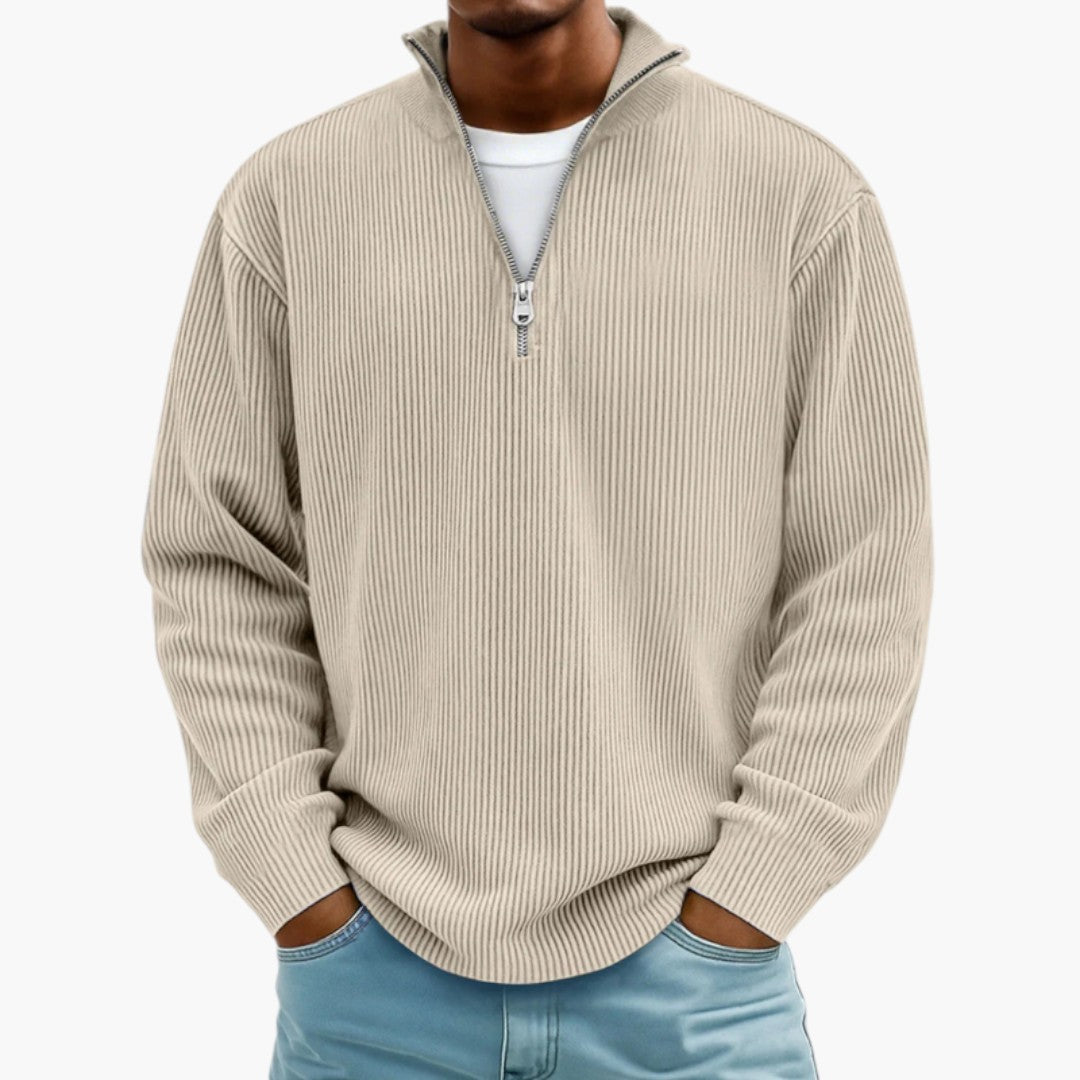 Pull homme col zippé côtelé style décontracté