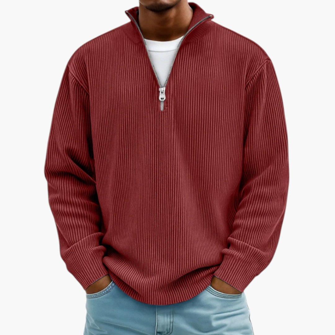 Pull homme col zippé côtelé style décontracté