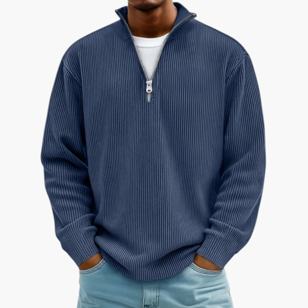 Pull homme col zippé côtelé style décontracté