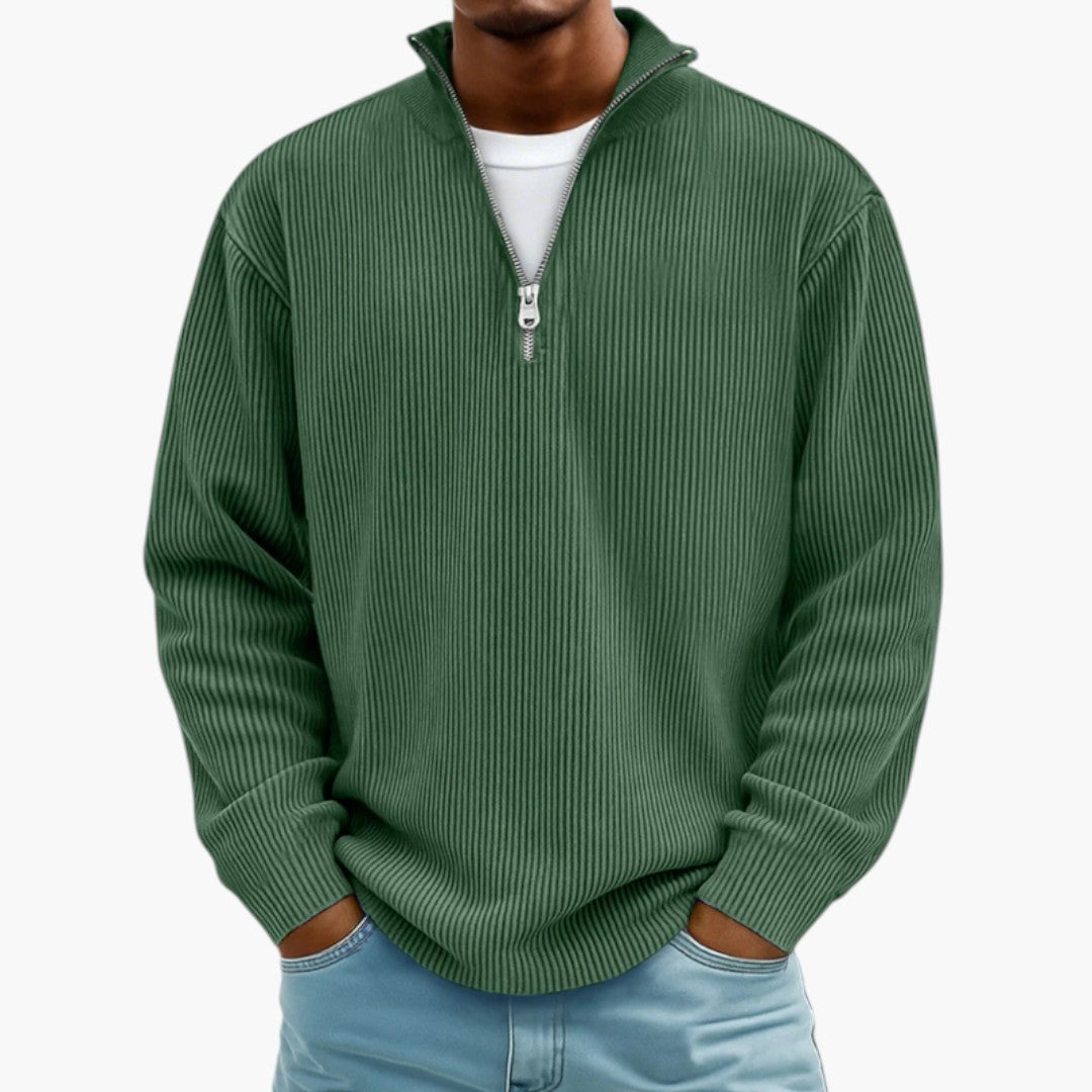 Pull homme col zippé côtelé style décontracté