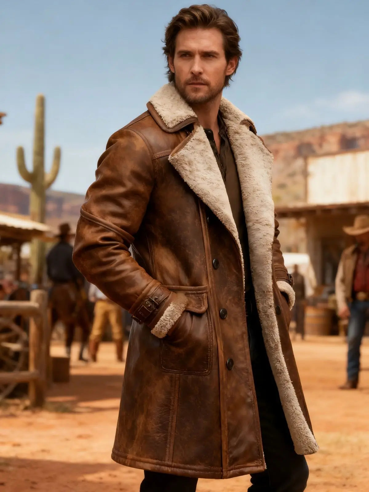 Manteau homme long fausse fourrure hiver marron