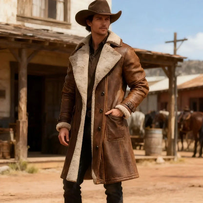 Manteau homme long fausse fourrure hiver marron