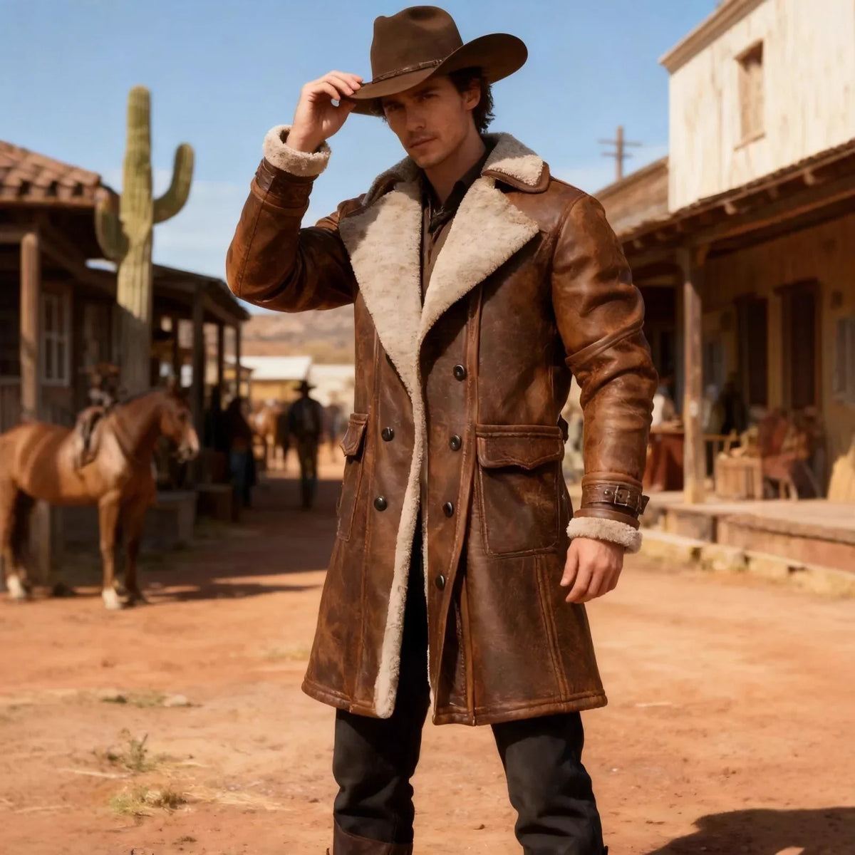 Manteau homme long fausse fourrure hiver marron
