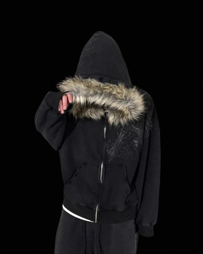 Sweat à capuche zippé graphique doublé fourrure femme