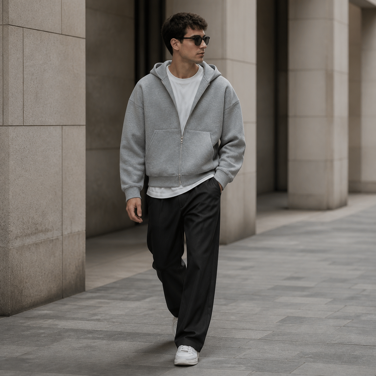 Sweat à capuche zippé homme gris clair décontracté