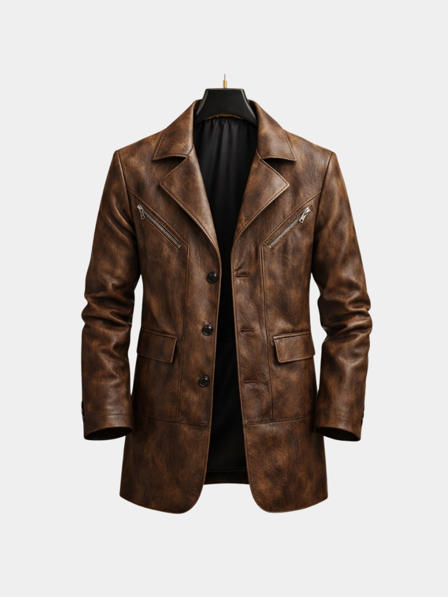 Manteau homme structuré cuir empiècements marron élégant