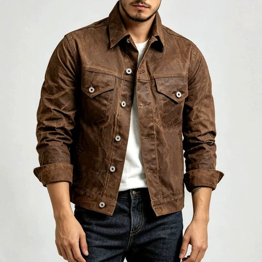 Gewachste Herren-Truckerjacke mit Pattentaschen braun