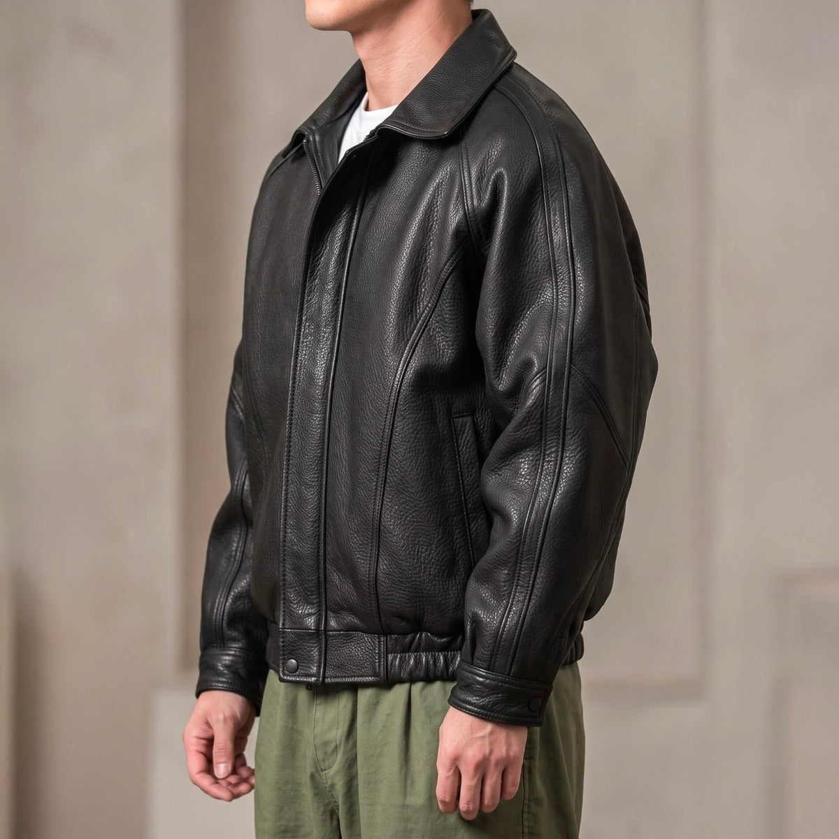Herren-Lederjacke mit Reißverschluss, strukturiertem Kragen und Baumwollfutter