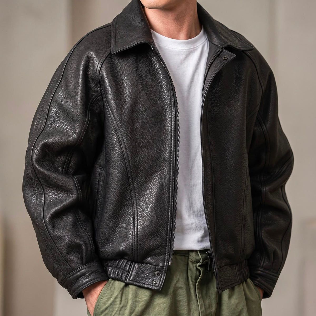 Herren-Lederjacke mit Reißverschluss, strukturiertem Kragen und Baumwollfutter