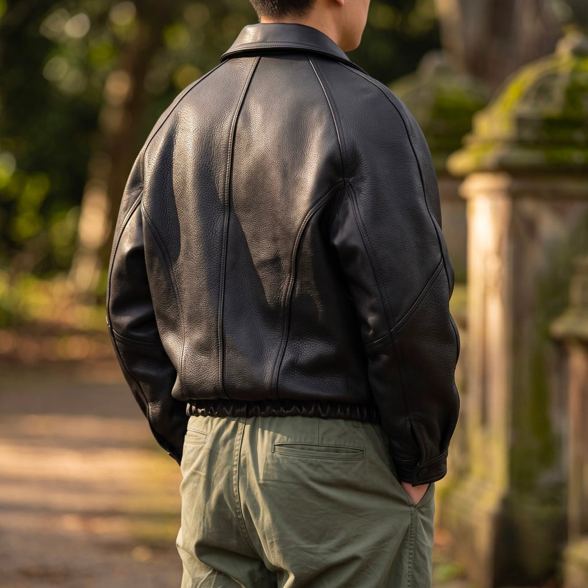 Herren-Lederjacke mit Reißverschluss, strukturiertem Kragen und Baumwollfutter