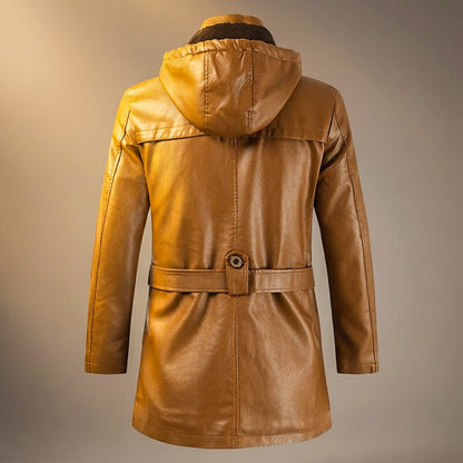 Urbanes Herren-Lederjacken-Modell mit Kapuze und Fleece-Futter