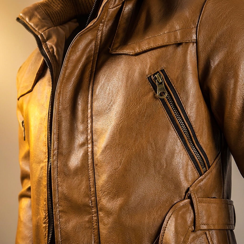 Urbanes Herren-Lederjacken-Modell mit Kapuze und Fleece-Futter