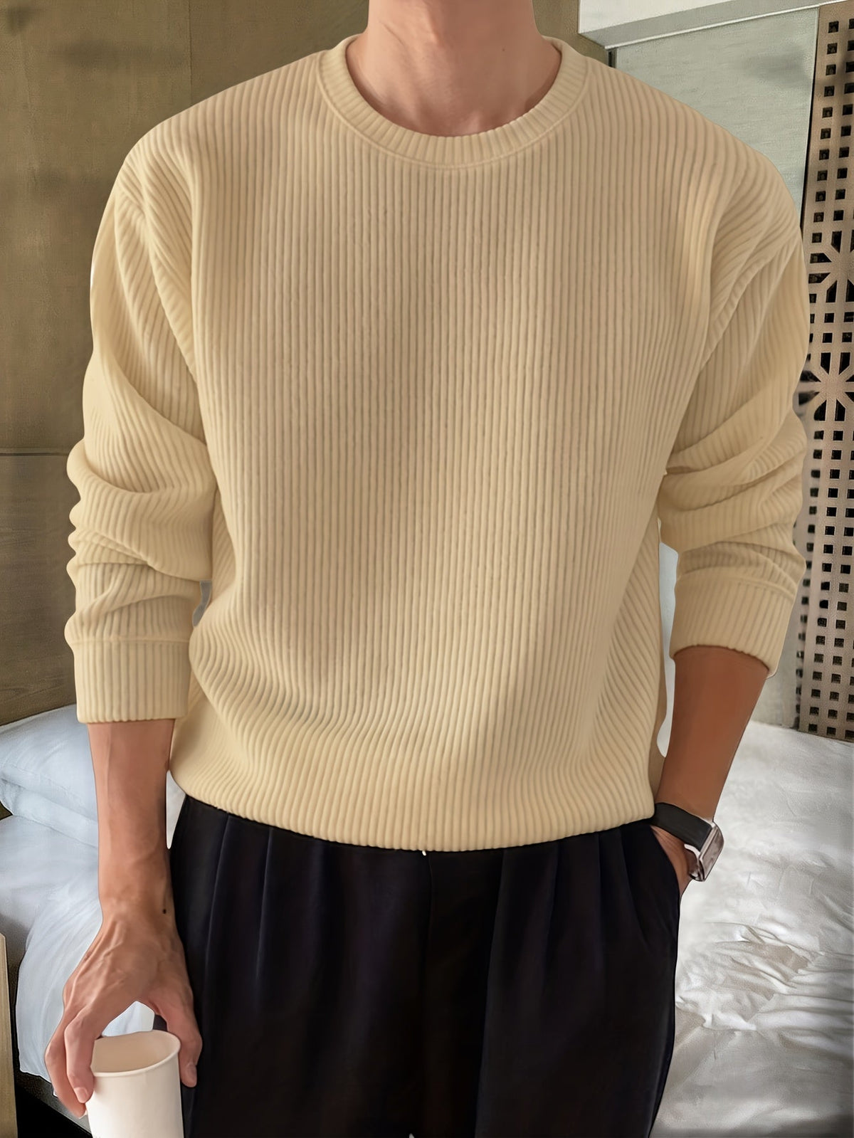 Pull homme col rond tricot côtelé coupe ample