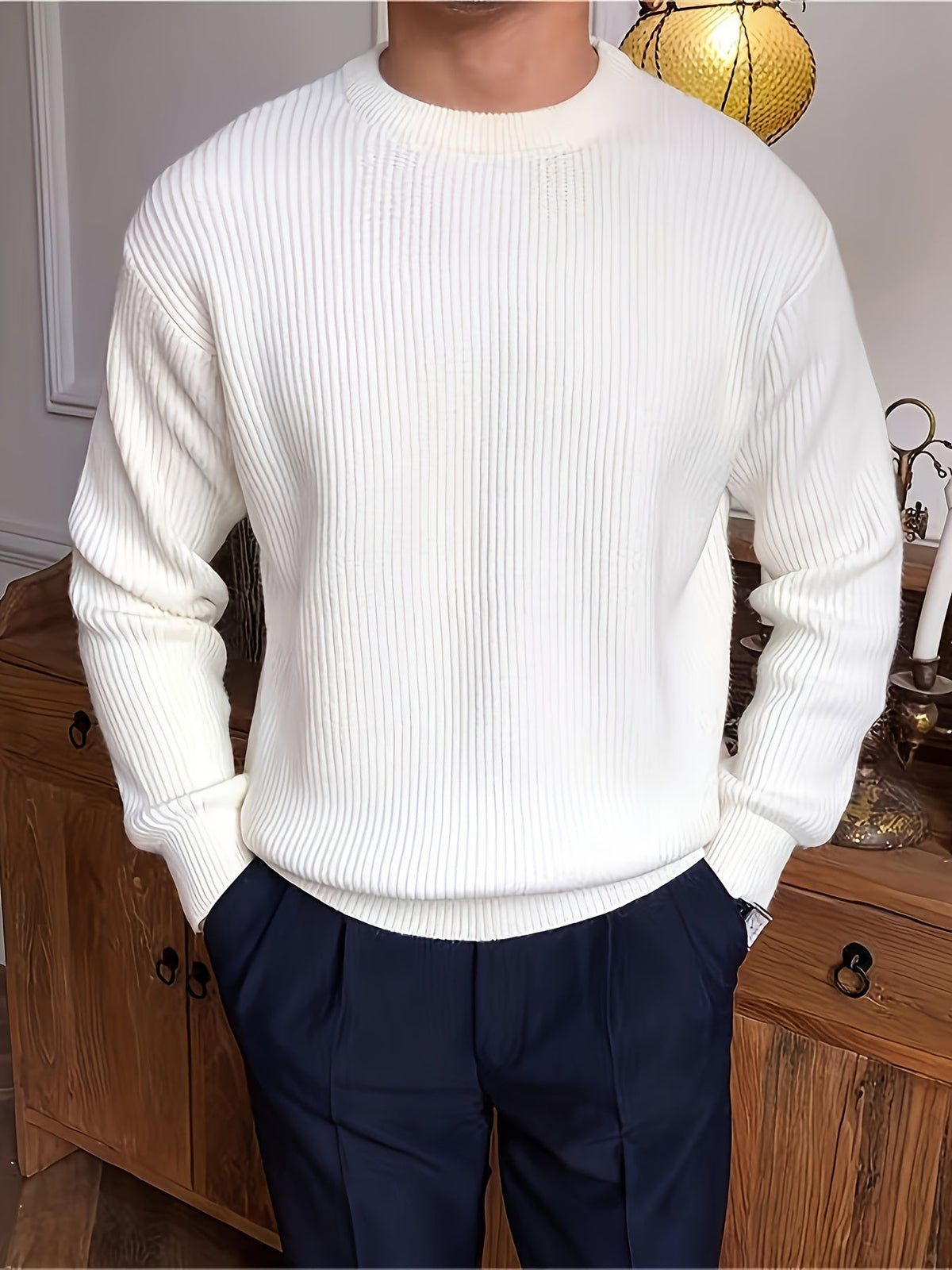 Pull homme col rond tricot côtelé coupe ample