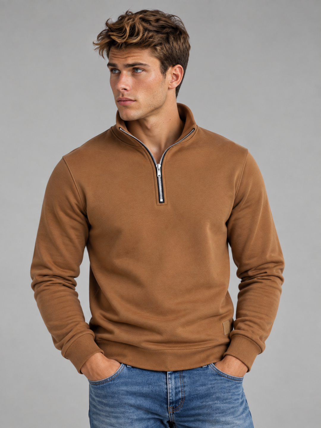 Weicher gestrickter Herrenpullover mit kurzem Reißverschluss und Polokragen