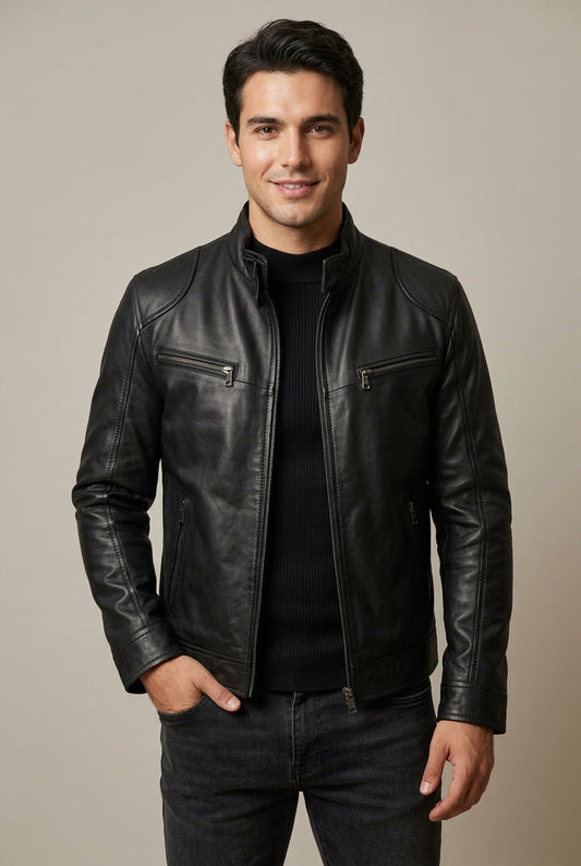 Veste en Cuir Homme Coupe Slim Col Montant Matelassé