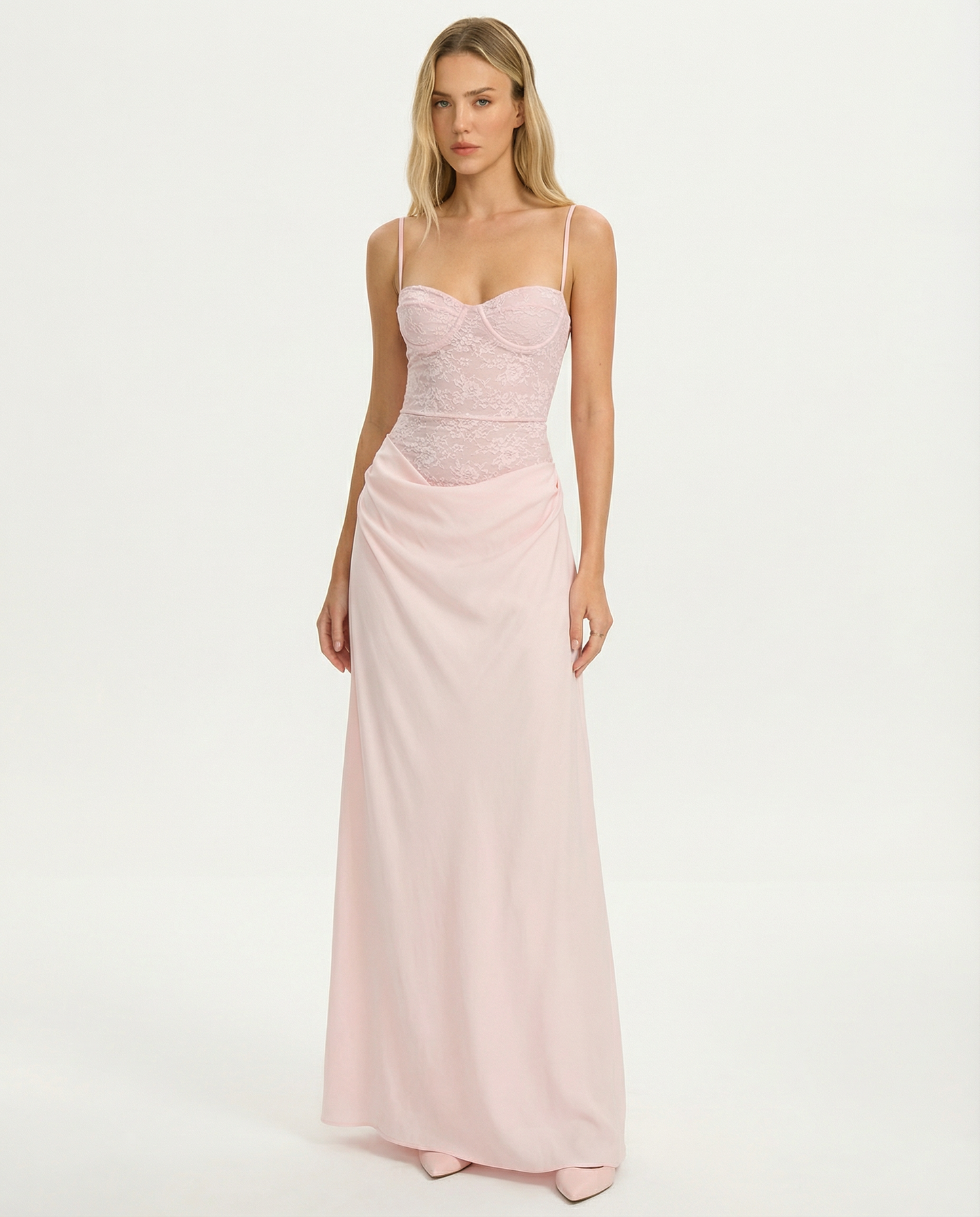 ARIA Robe Maxi Rose Muse – Dentelle Corset et Jupe Drapée