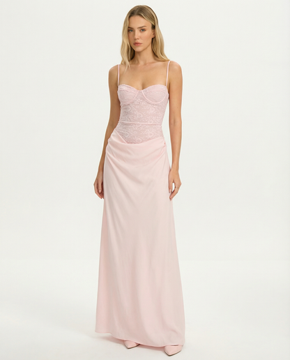 ARIA Robe Maxi Rose Muse – Dentelle Corset et Jupe Drapée