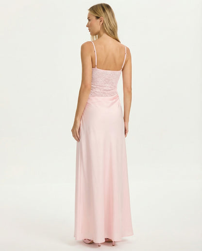 ARIA Robe Maxi Rose Muse – Dentelle Corset et Jupe Drapée