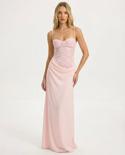 ARIA Robe Maxi Rose Muse – Dentelle Corset et Jupe Drapée