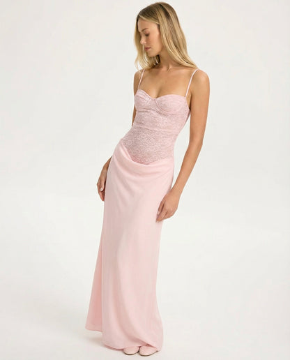 ARIA Robe Maxi Rose Muse – Dentelle Corset et Jupe Drapée
