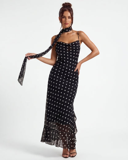 Robe Maxi Noire à Pois – Ourlet Voile et Foulard Intégré