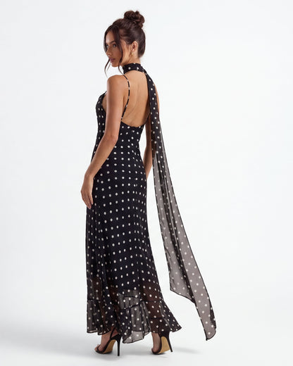 Robe Maxi Noire à Pois – Ourlet Voile et Foulard Intégré