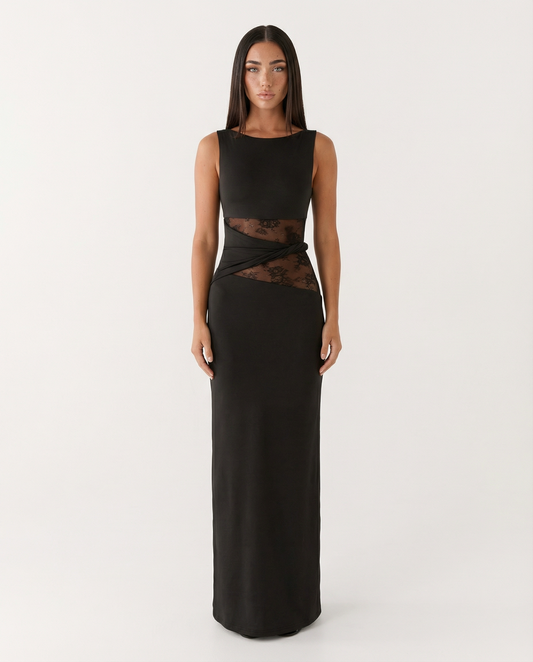 Robe Maxi Illusion Dentelle – Robe de Soirée Élégante