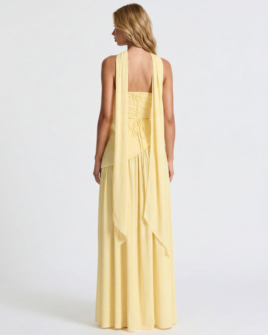 Robe Maxi Aura Radiant – Bustier, Foulard et Fente Haute