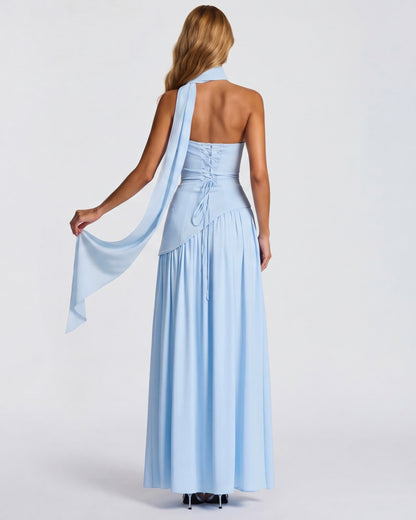Robe Maxi Aura Radiant – Bustier, Foulard et Fente Haute