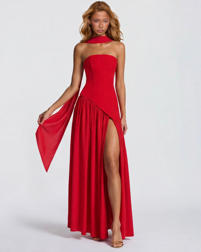 Robe Maxi Aura Radiant – Bustier, Foulard et Fente Haute