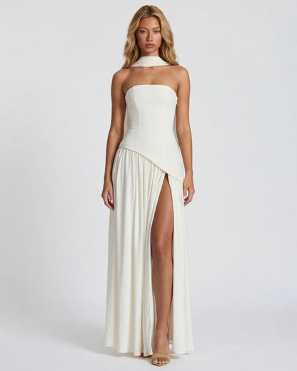 Robe Maxi Aura Radiant – Bustier, Foulard et Fente Haute