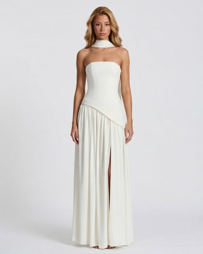 Robe Maxi Aura Radiant – Bustier, Foulard et Fente Haute